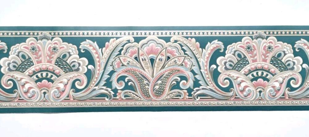 Foremost Pre-pasted Decorative Border - 5yds - Green Rose Blue Gold - 4.13" Tall